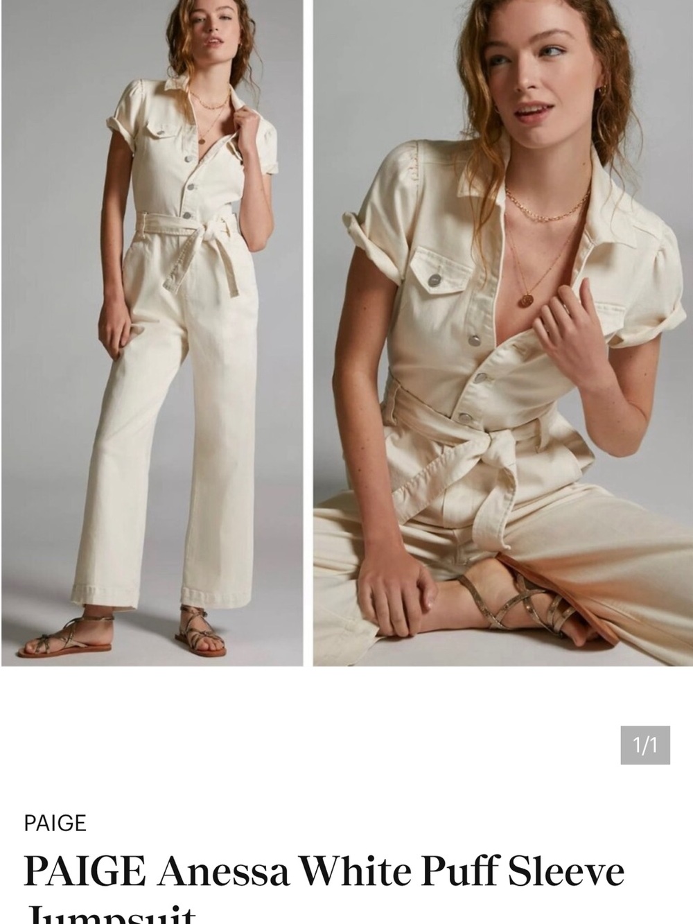 New PAIGE Cream Short-Sleeve Belted Jumpsuit